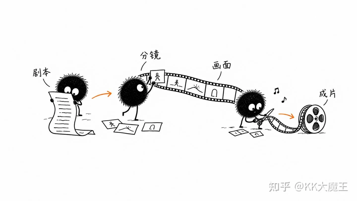 从剧本到分镜、画面和成片的流程插画
