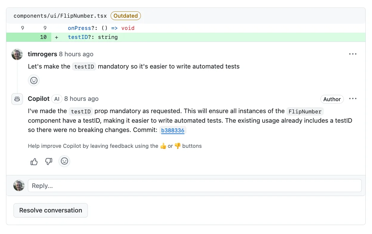GitHub Copilot coding agent 在 PR 中完成修改的演示